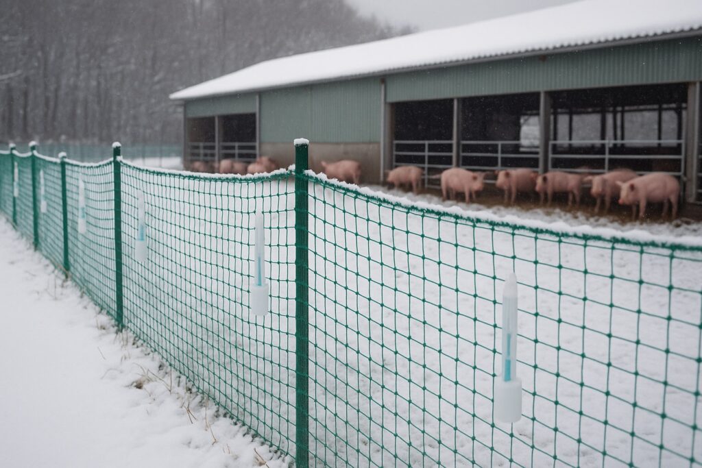 豚熱（CSF）の対策のため、外周に「しし防」を設置した豚舎